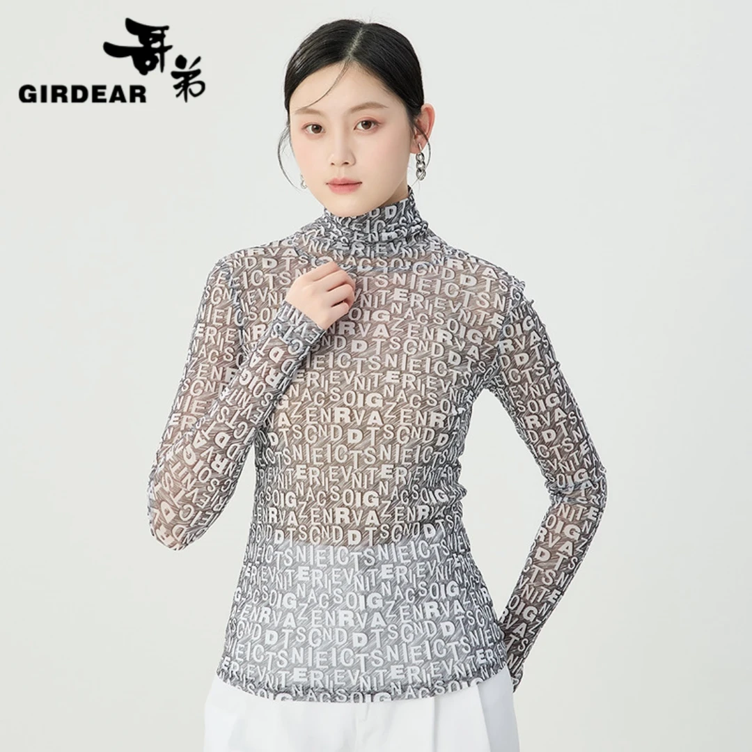 GIRDEAR/哥弟显瘦高领长袖打底百搭网红纱造型衫内搭上衣1300237