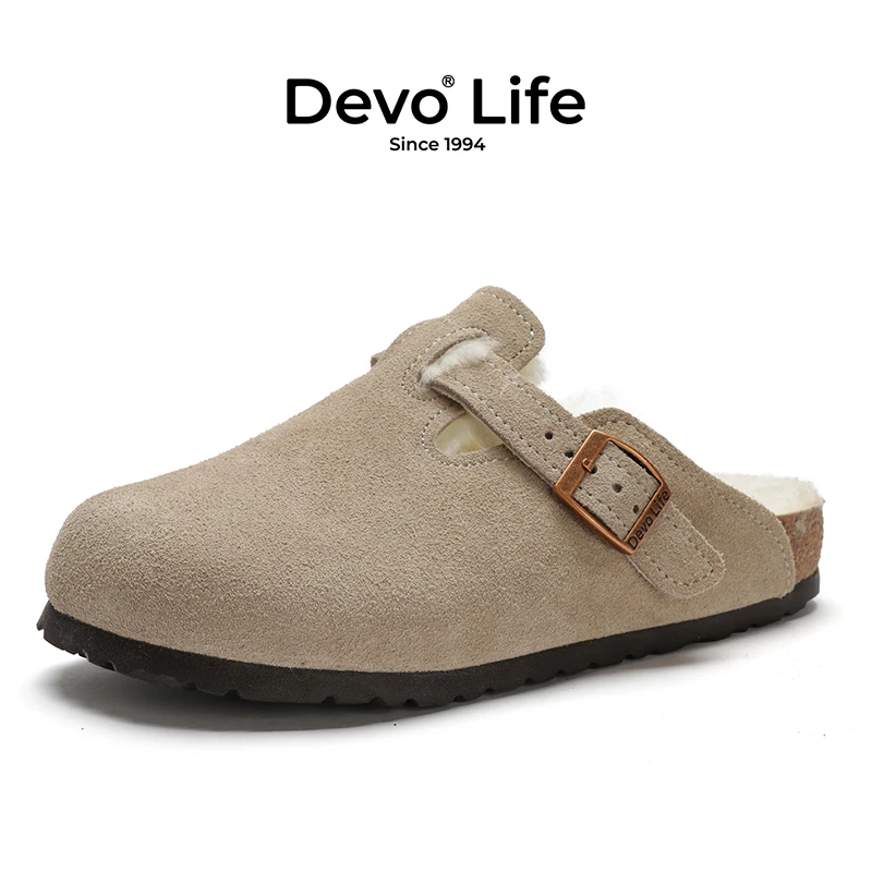 Devo/的沃勃肯鞋加绒软木鞋冬装上新保暖时尚外穿包头毛毛鞋66001