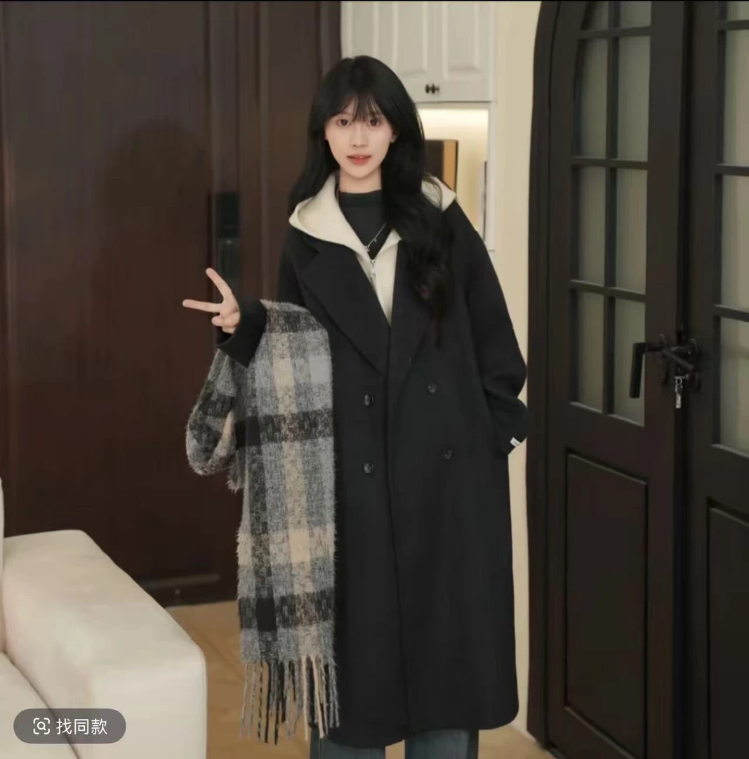 长袖秋冬纯色中长款长款毛呢外套呢子毛呢女装假两件大衣