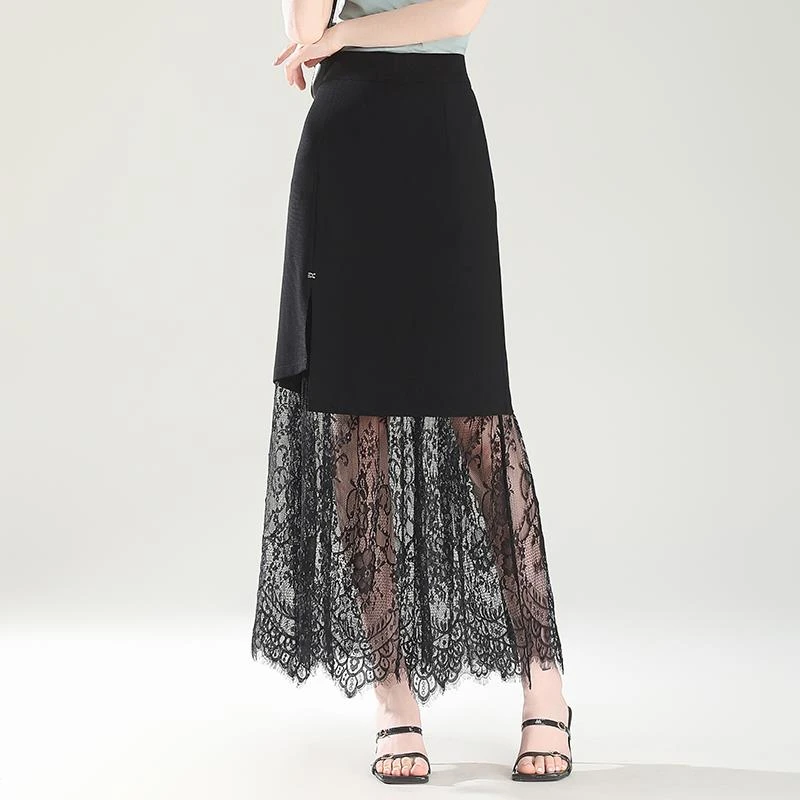 法式轻奢蕾丝拼接半身裙女夏季女装新款气质小众直筒裙一步包臀裙