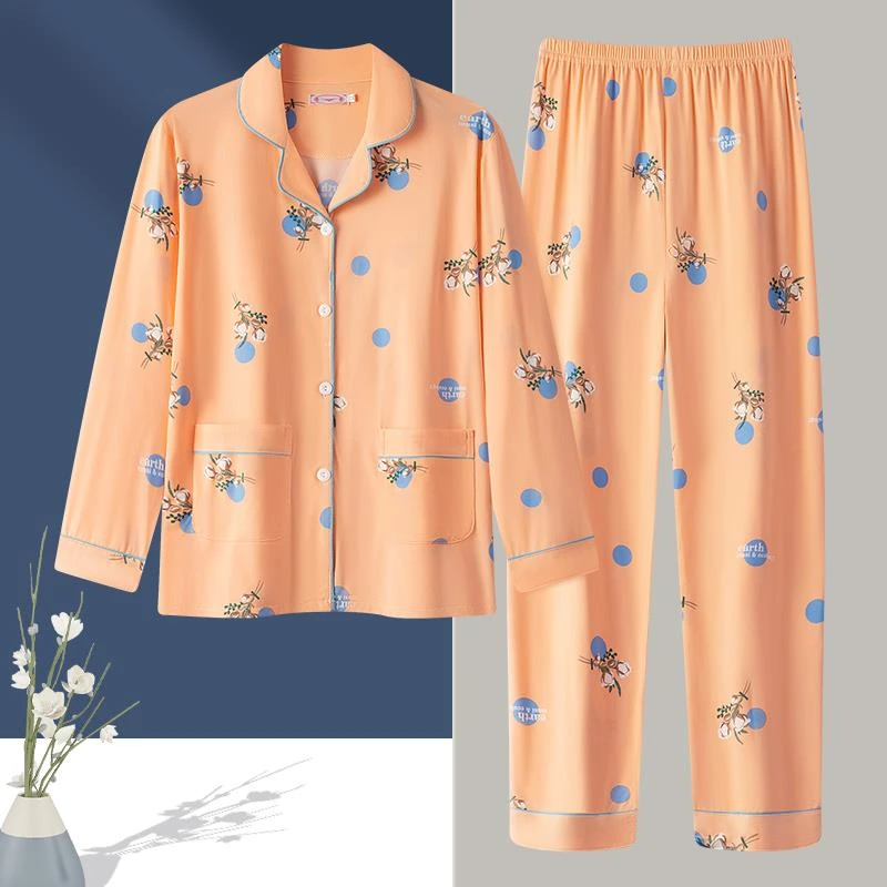 FAVMARTHA睡衣女士女孩青少年春秋季长袖开衫套装款大码棉家居服