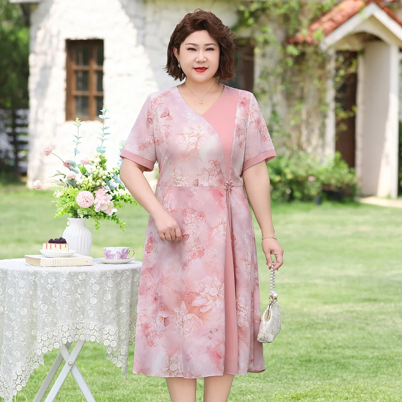 妈妈雪纺连衣裙女母亲节夏季大码短袖洋气裙子假两件国风WL25300