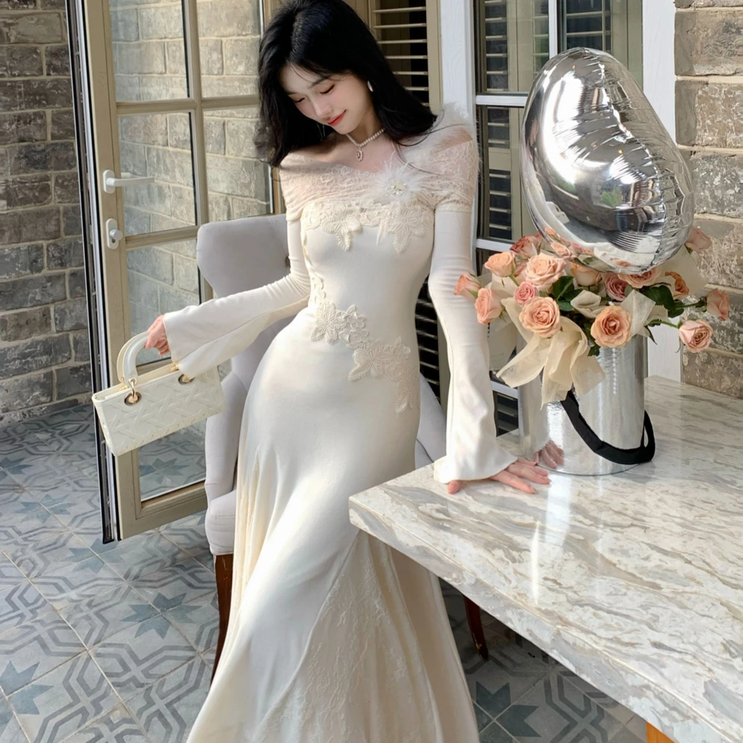 Blovelan烟纱雅梦 纯欲风拼接蕾丝针织亲肤鱼尾摆连衣裙