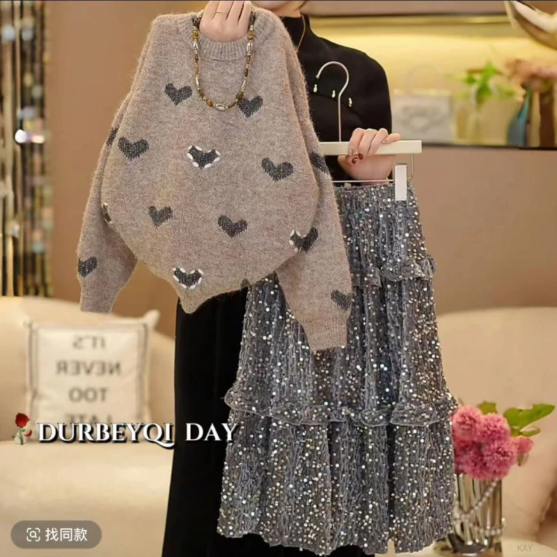 儿童套装童装毛衣女童针织重工秋冬连衣裙半身裙洋气时尚