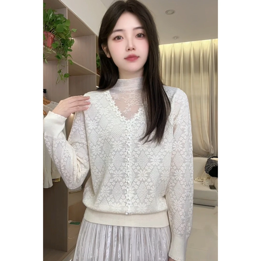 法式甜美花朵长袖针织打底衫秋冬毛衣女套头时尚百搭