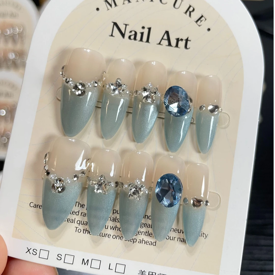 【蓝色秘境】纯手工中长款穿戴甲片氛围感高级爆闪温柔猫眼显白