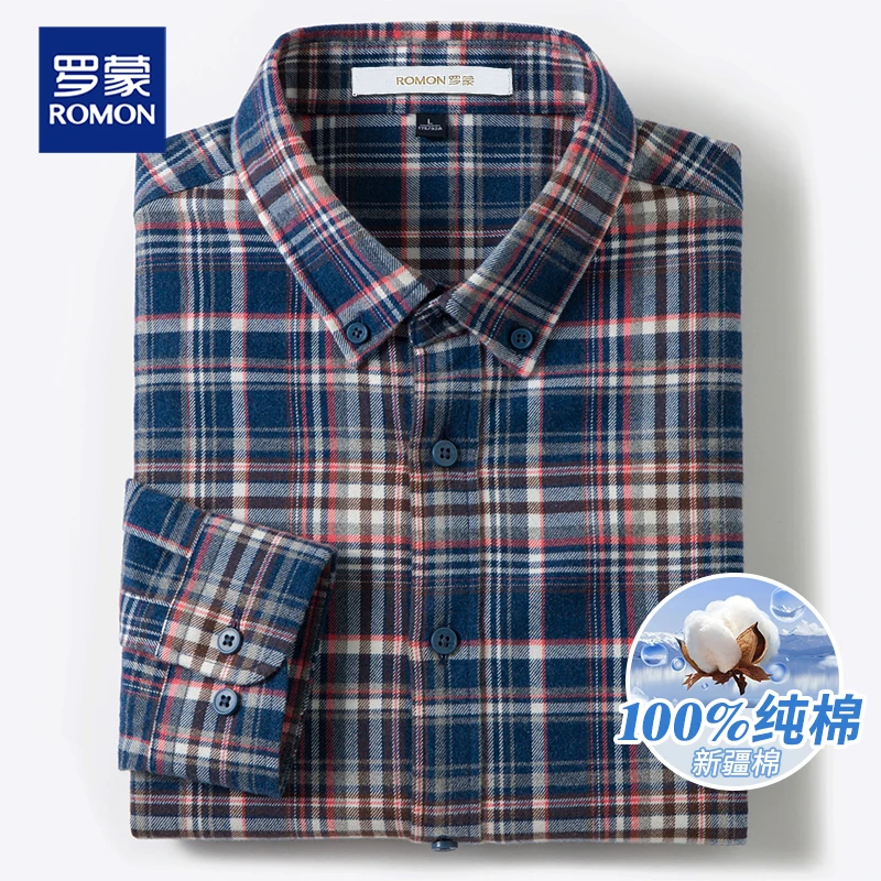罗蒙高端100%纯棉男士衬衫长袖时尚格子衬衣潮流百搭商务休闲男装