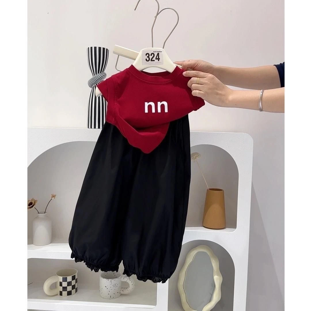 女童夏季短袖套装2025新款儿童洋气短装上衣花边灯笼裤两件套装夏