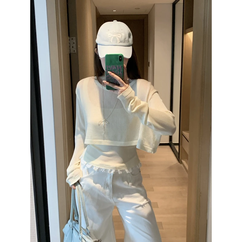 小沈美眉莱赛尔花边下摆背心长袖T恤套装夏镂空防晒罩衫上衣女