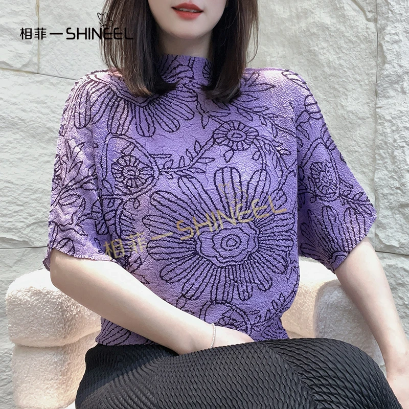 相菲一轻奢夏季薄款褶皱时尚宽松气质显瘦高级蝙蝠袖半袖女衫