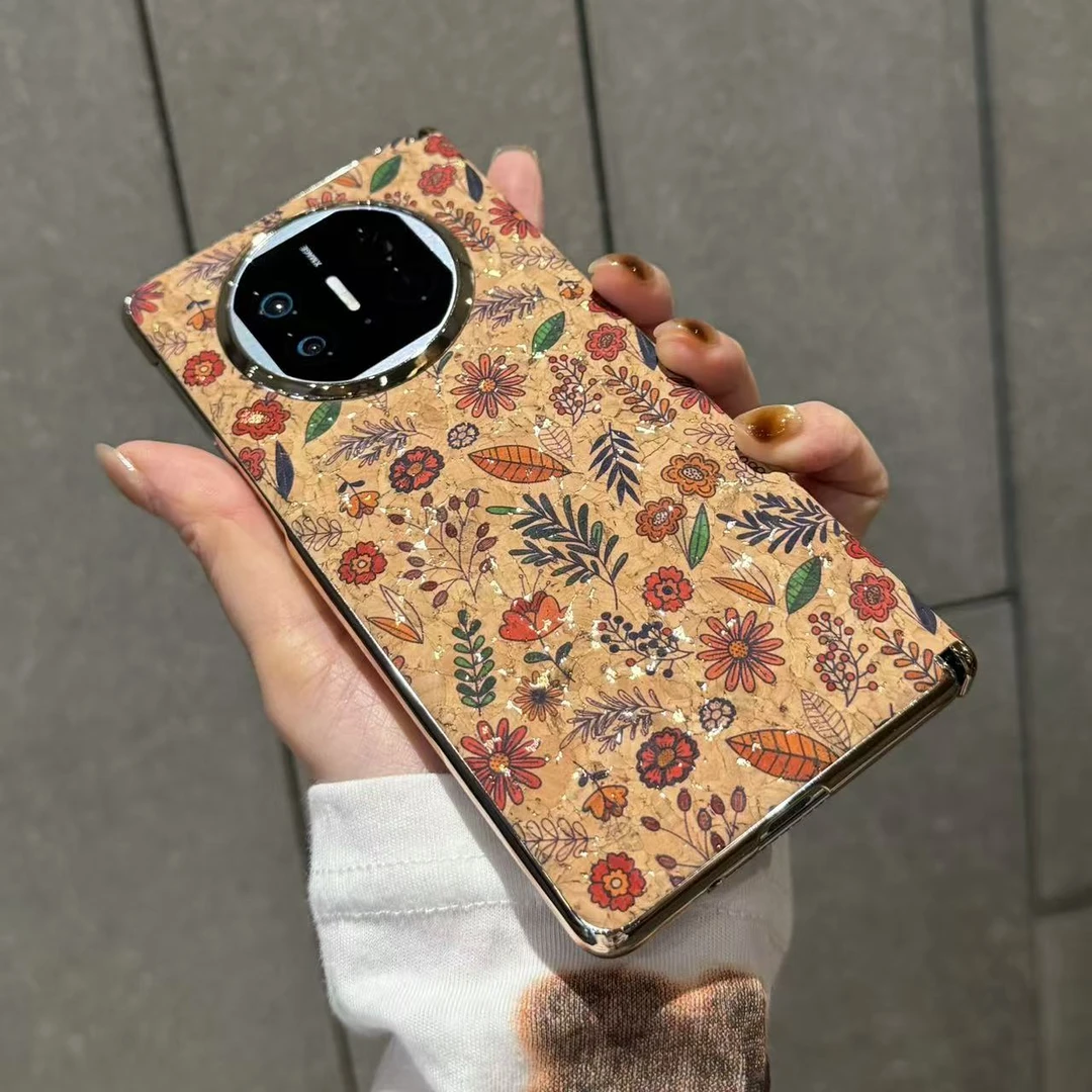 适用于华为MateX5折叠屏手机壳x6中轴保护复古风软木纹花朵新款女