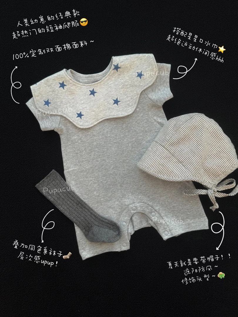 宝宝短袖爬服夏季新生儿夏天宝宝百天照衣服纯棉男宝女宝纯色百搭