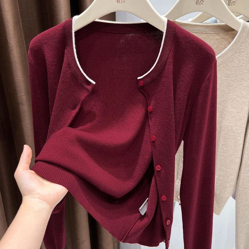 早秋假俩件针织衫毛衣外套女士时尚气质撞色圆领显瘦薄款外搭开衫