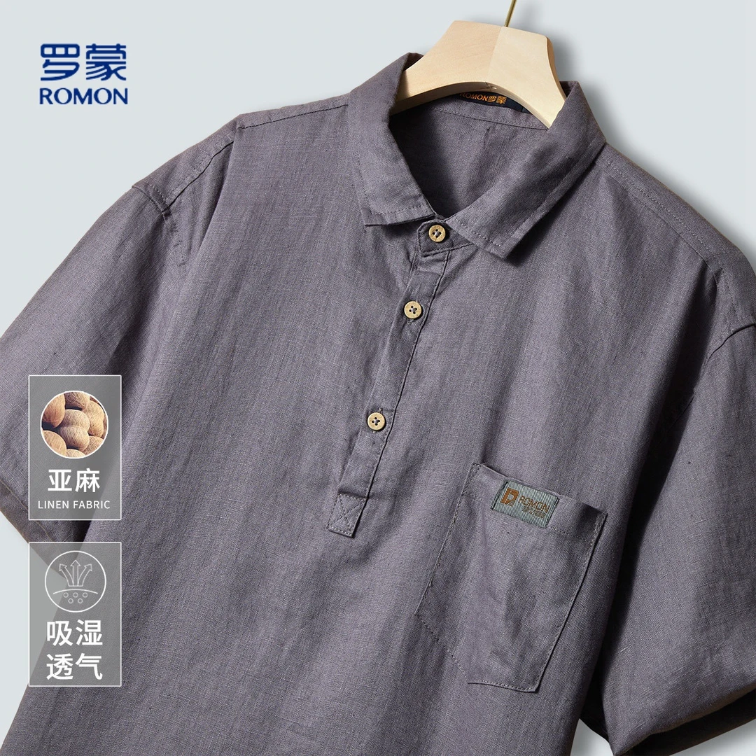 罗蒙夏季薄款100%亚麻男士短袖休闲T恤男式Polo衫男装上衣