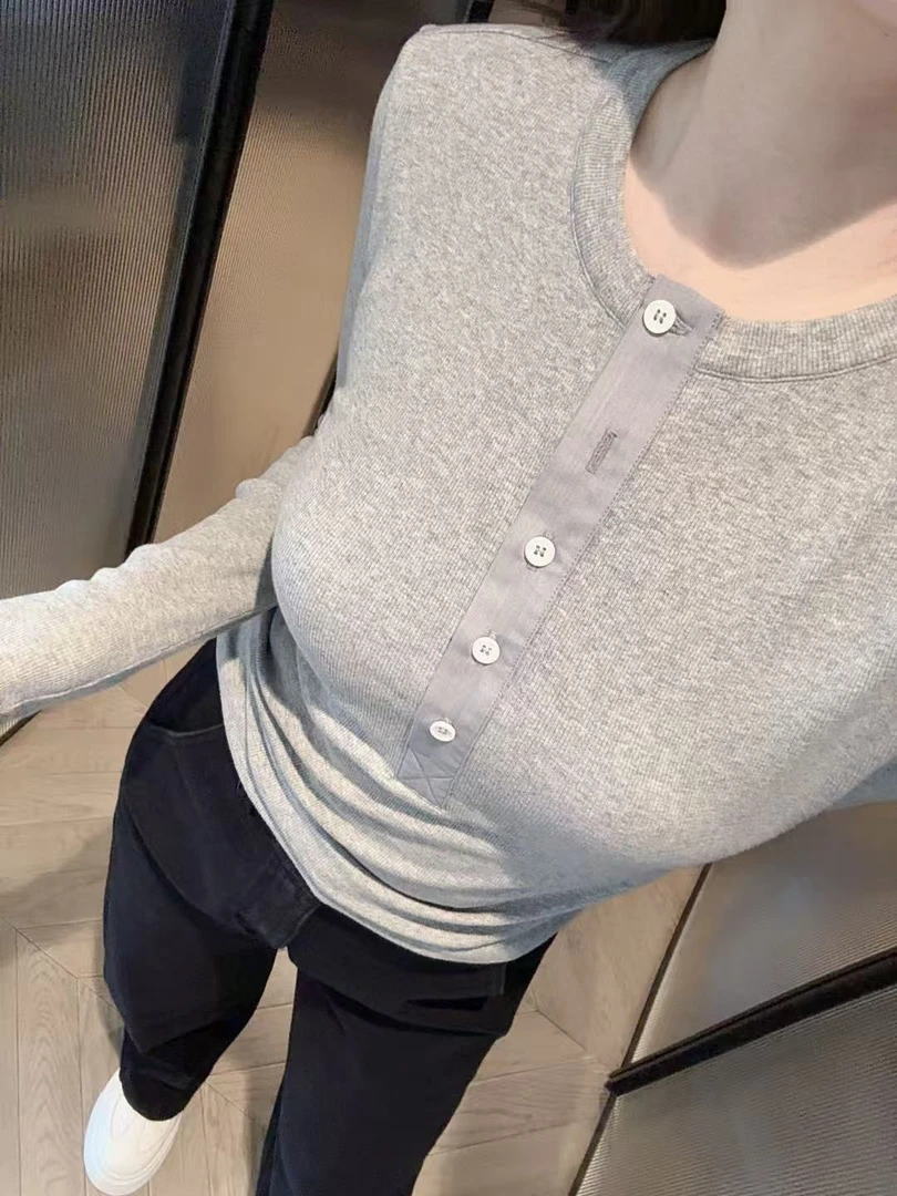 螺纹纽扣长袖T恤打底上衣 叠穿百搭气质休闲极简老钱风I5117