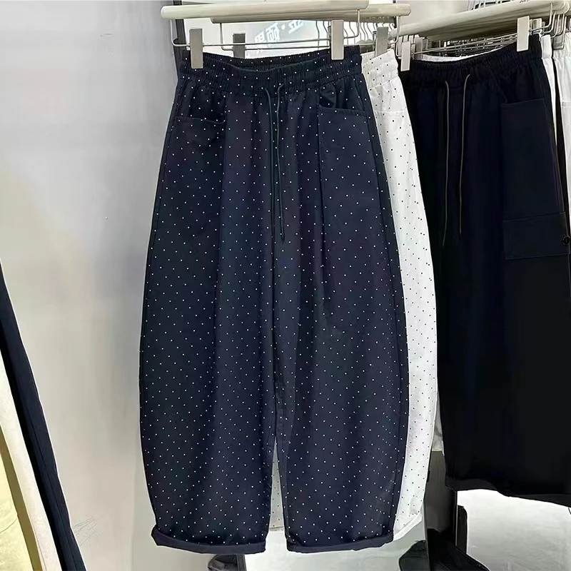 抽绳高腰老爹裤子女夏季爆款大码宽松显瘦九分裤设计感波点休闲裤