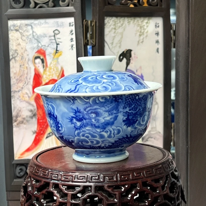 景德镇青花纯手工手绘二才青龙盖碗