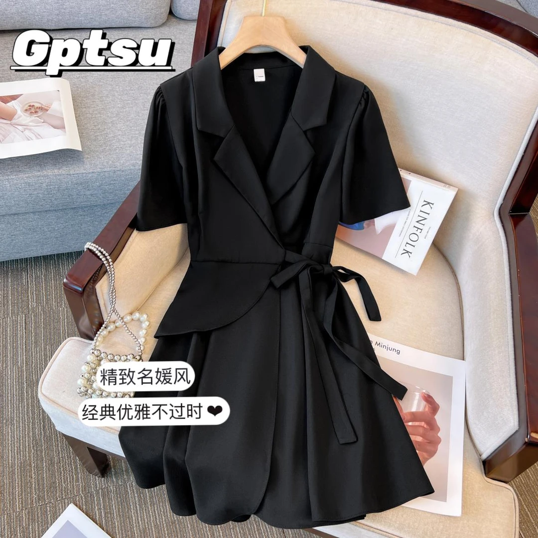 GPTSu气质V领连衣裙夏季大码胖mm收腰显瘦遮肉高级感西装裙小黑裙