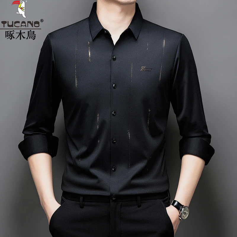 啄木鸟男士春秋专柜长袖衬衫高档商务休闲无痕免烫抗皱高弹力衬衣