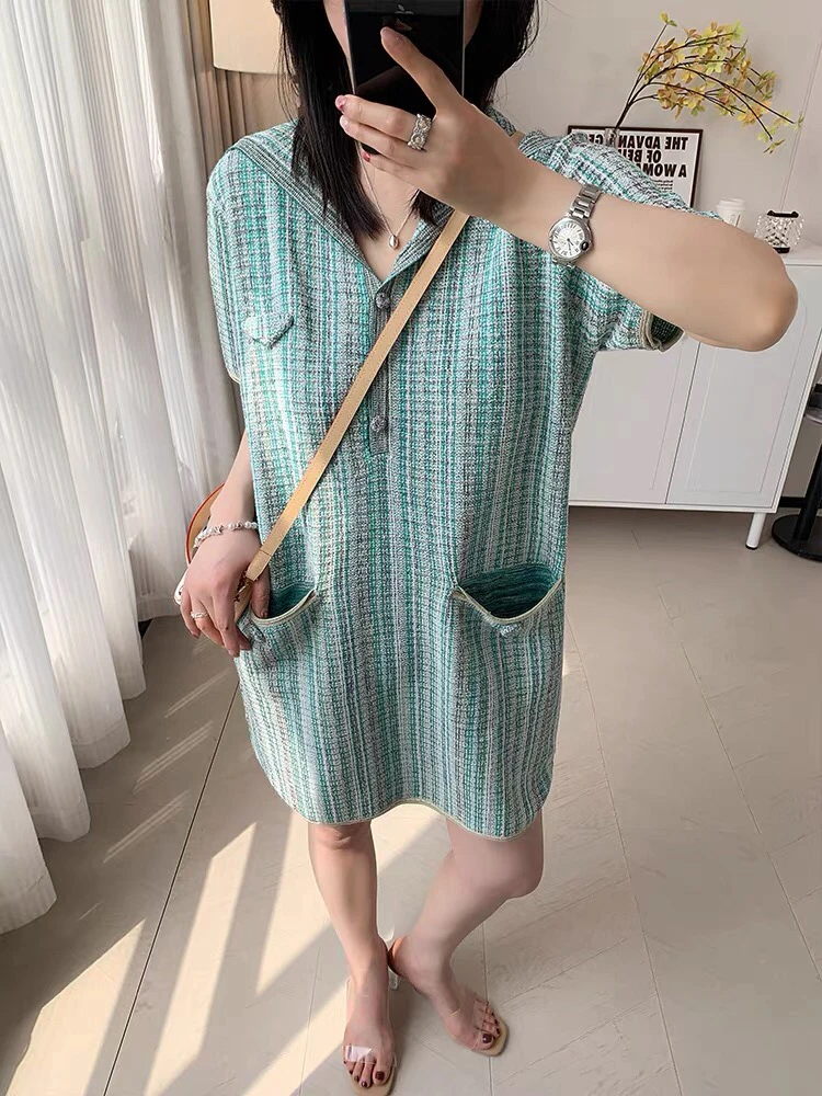 D～粗花宽松短袖连衣裙女