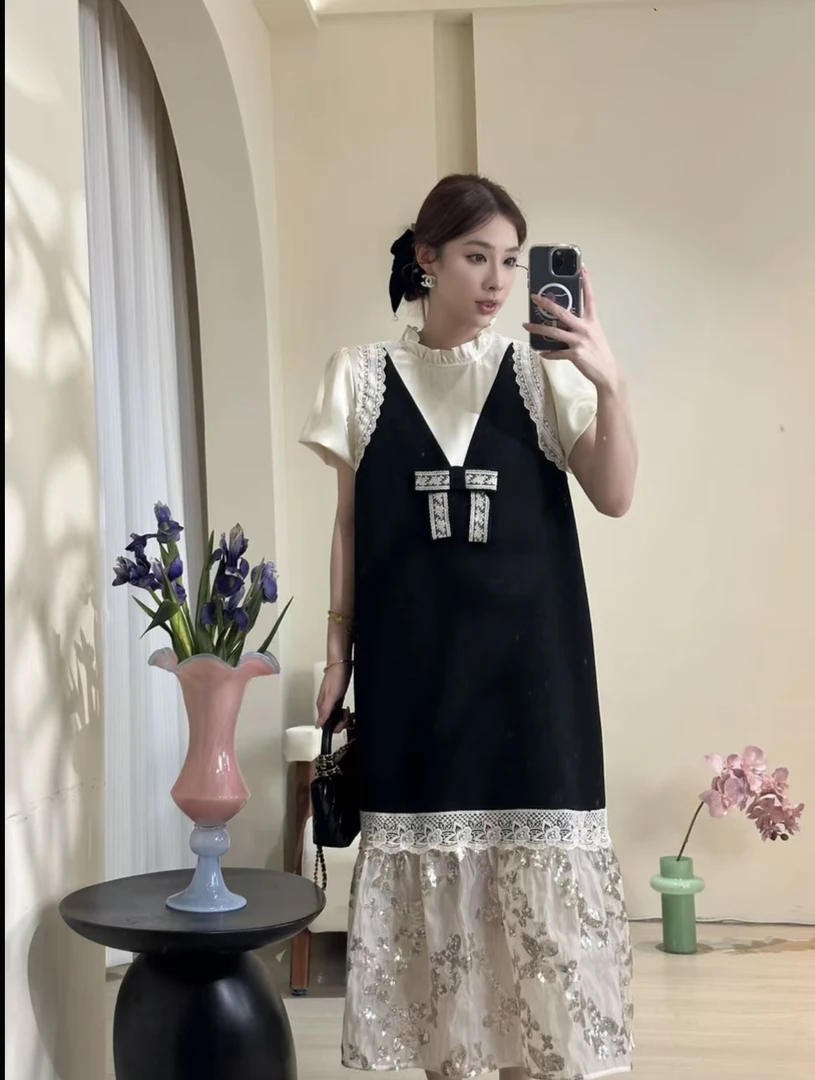 十一原创【芭乐女孩】加长连衣裙 蕾丝拼接微胖显瘦时尚气质