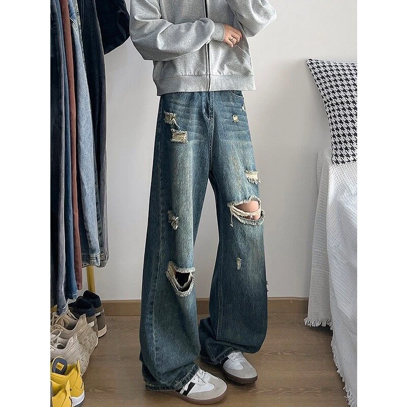 2025春夏季水洗做旧破洞牛仔裤男士宽松百搭直筒复古款阔腿N5300
