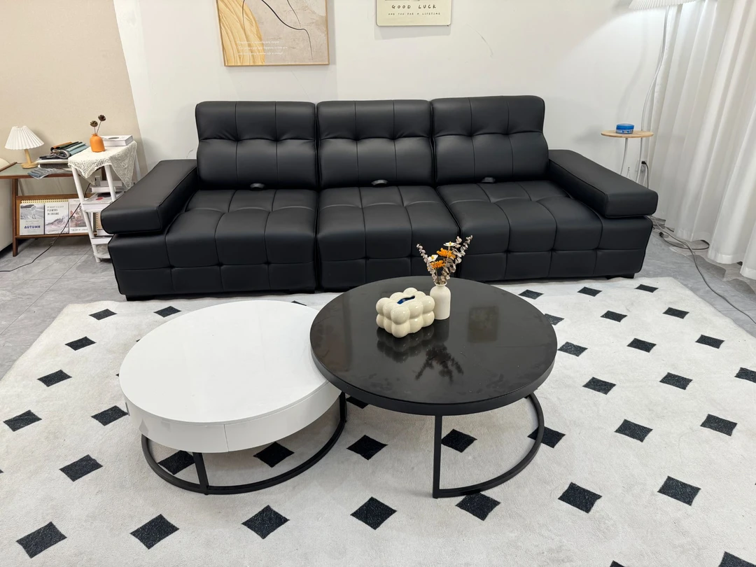 意式劳伦斯真皮沙发客厅家用直排头层牛皮可调节高靠背黑色皮沙发