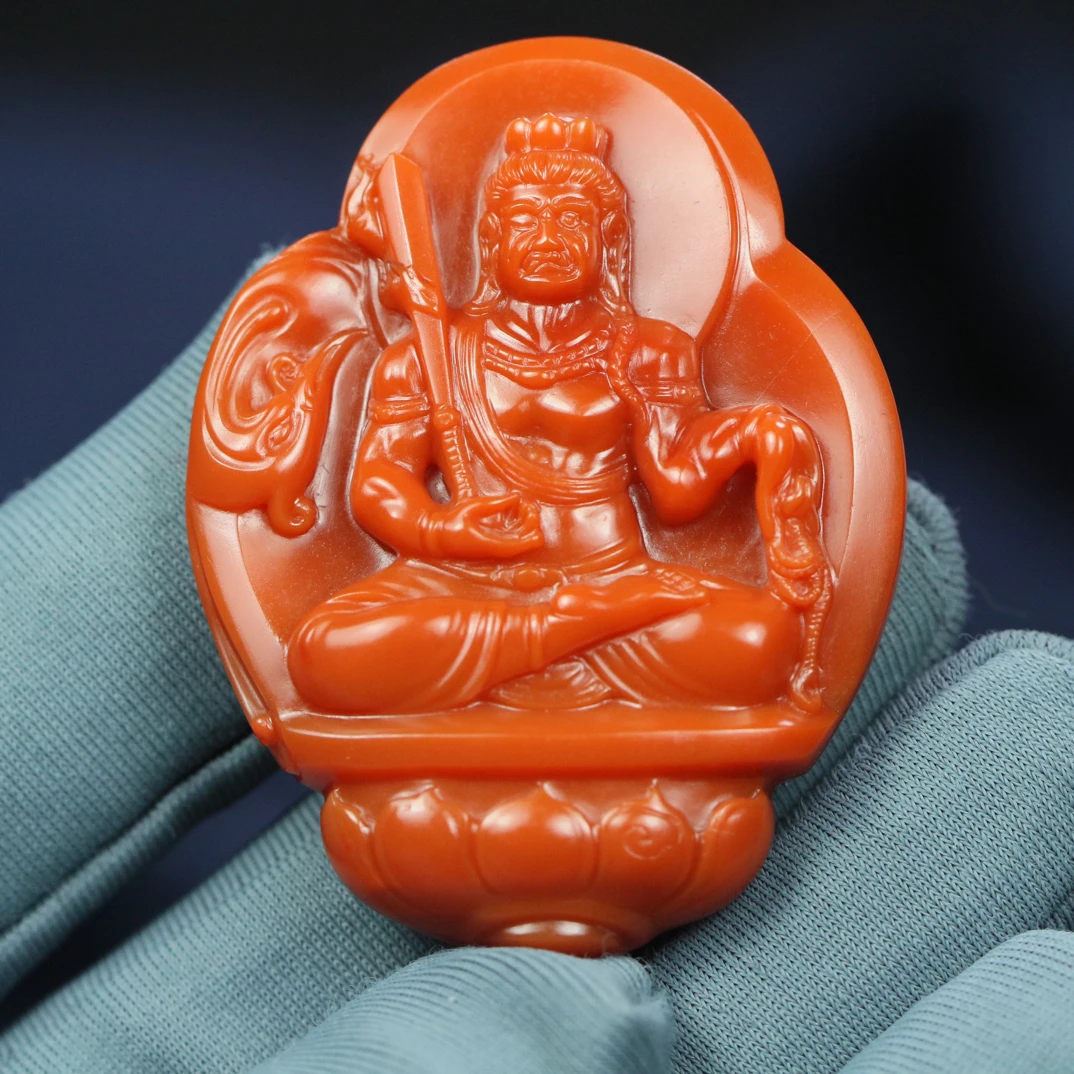 天然原矿保山南红大水沟不动明王挂件大师出品柿子红43×33×9mm17g