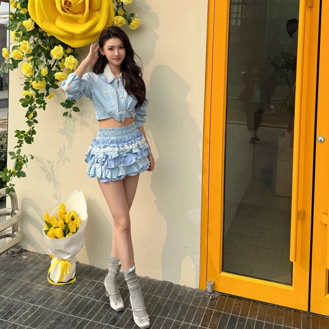 no退no换YOYOUNA法式浪漫冰海蓝蛋糕半身裙女ins超火少女折胯半裙