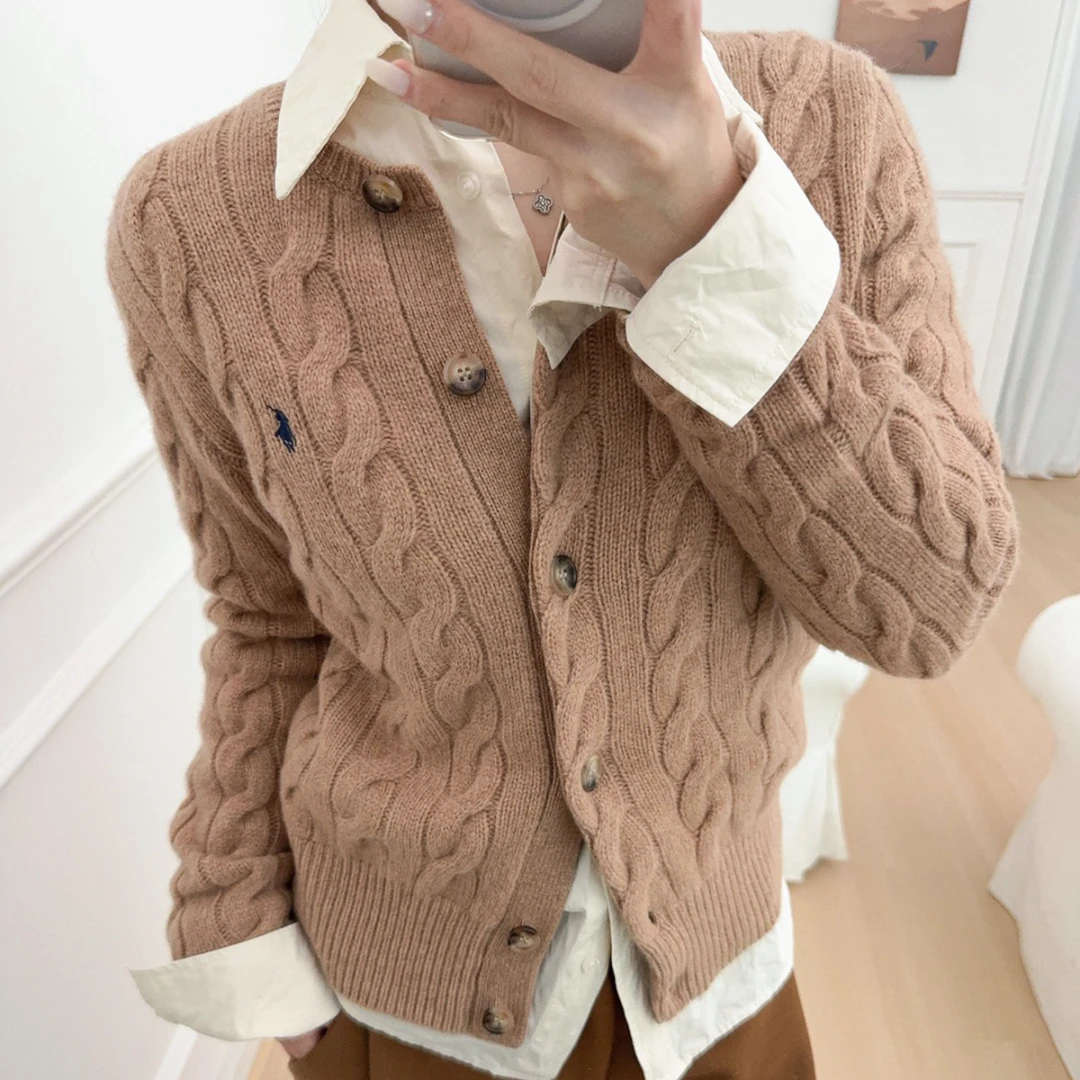 80%羊毛20%羊绒25秋冬新拉夫经典款绞花针织复古羊毛羊绒圆领开衫