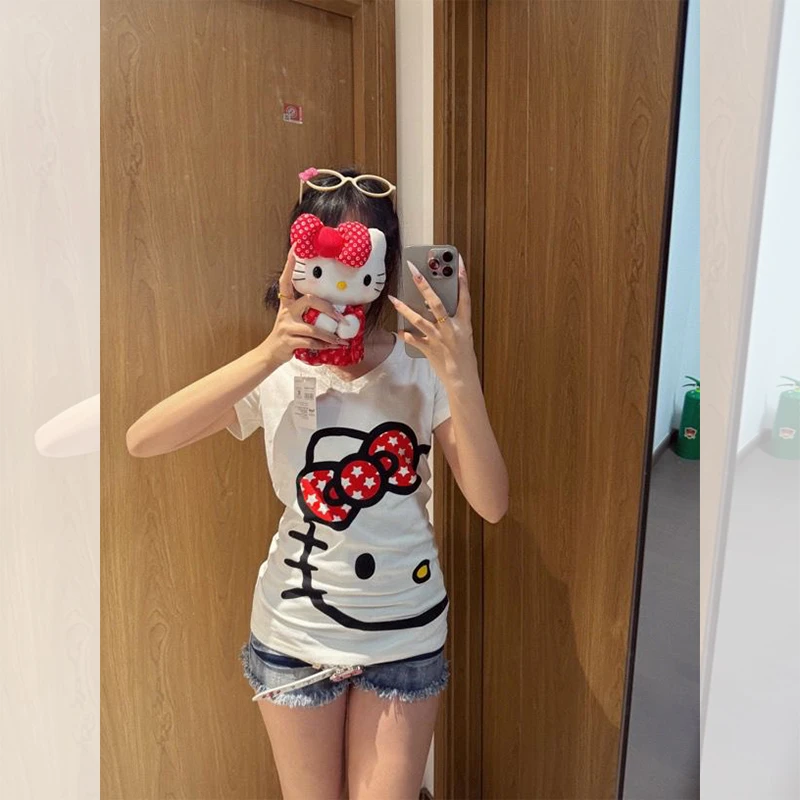 日系甜酷辣妹可爱Kitty猫印花正肩V领短袖T恤女夏季修身爆款上衣