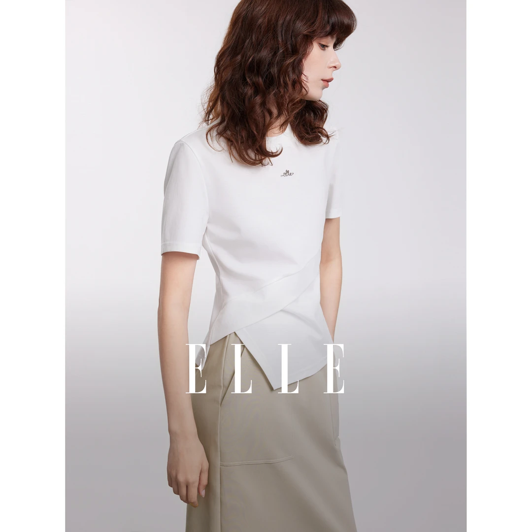 ELLE白色不规则优雅圆领短袖T恤女2025夏季新款设计感上衣ET50737