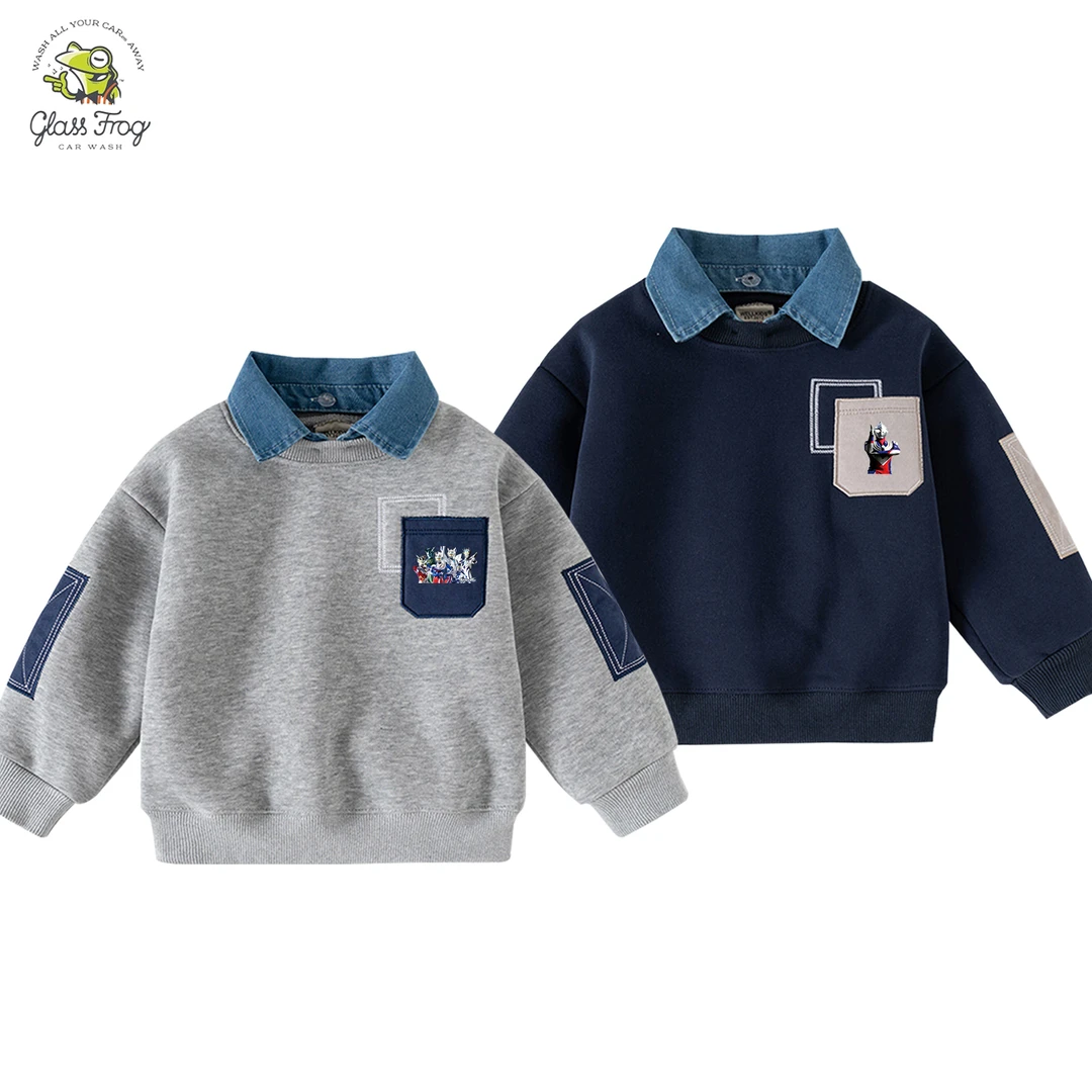 迪迦奥特曼男童薄款卫衣儿童秋装牛仔领外套上衣冬装童装加绒卫衣