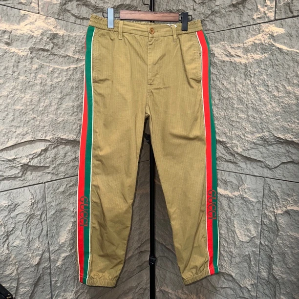 99新 GUCCI/古驰 腰围39裤长95 44码 黄色Logo 校裤红绿条纹M1063