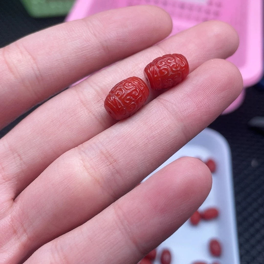 南红玛瑙9*12柿子红回纹桶珠一组2颗未镶嵌
