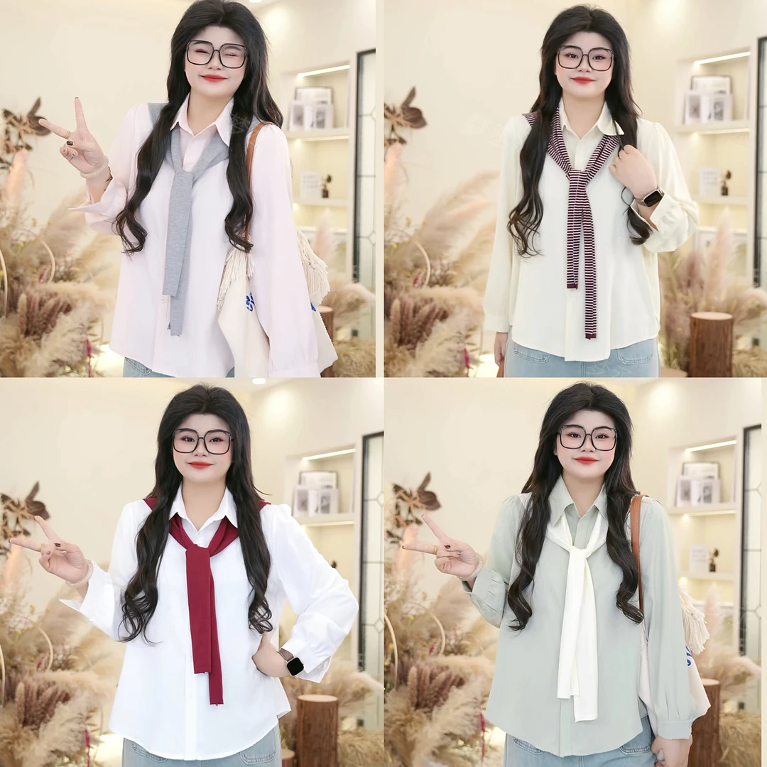 梦丞【春日情书】大码女装高级感宽松气质显瘦洋气衬衫+披肩两件套