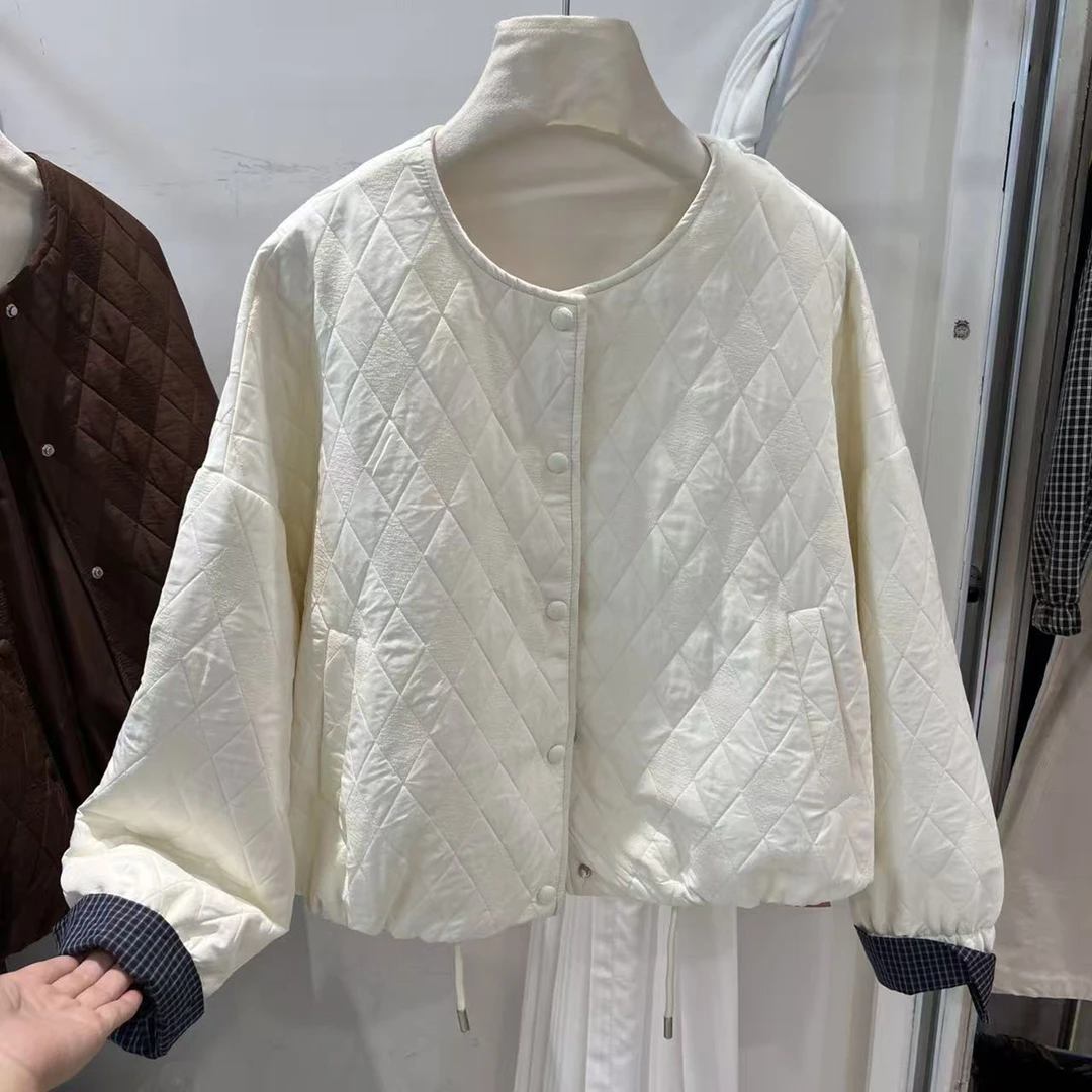 韩系格子拼接夹棉短外套女秋冬2025新款小个子休闲宽松夹克衫上衣