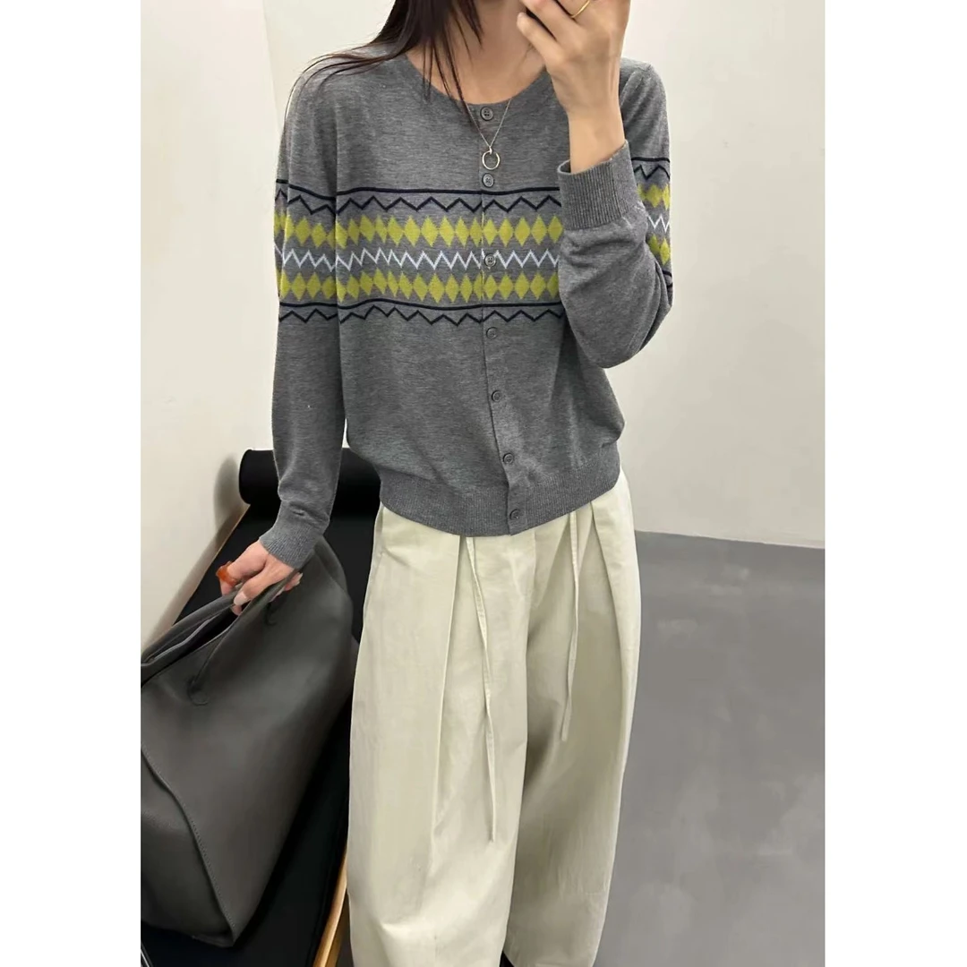 HMY5091906 2025新款撞色菱形格圆领毛衣