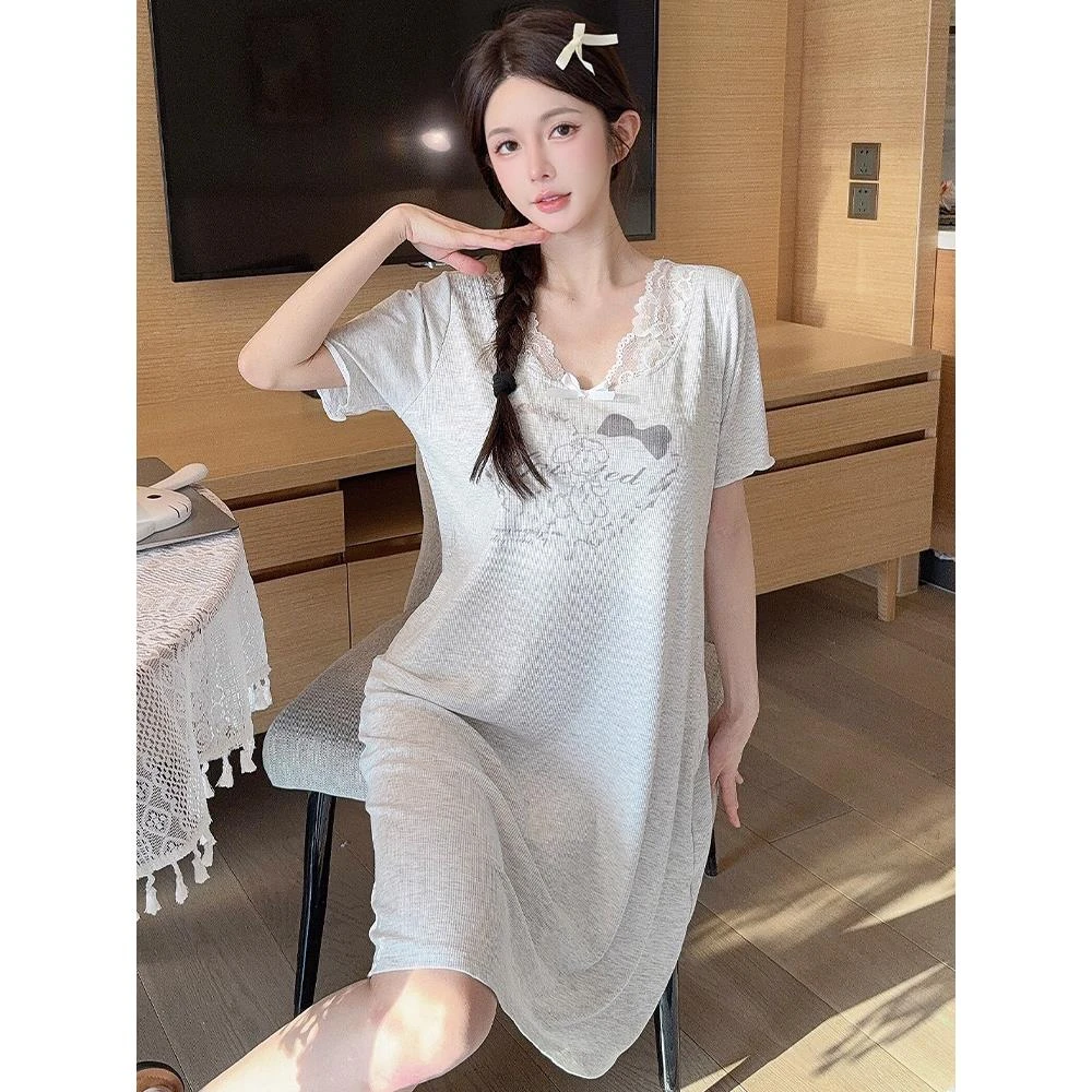 莫代尔甜美蕾丝花边带胸垫睡裙女夏季中长款短袖睡衣裙外穿家居服