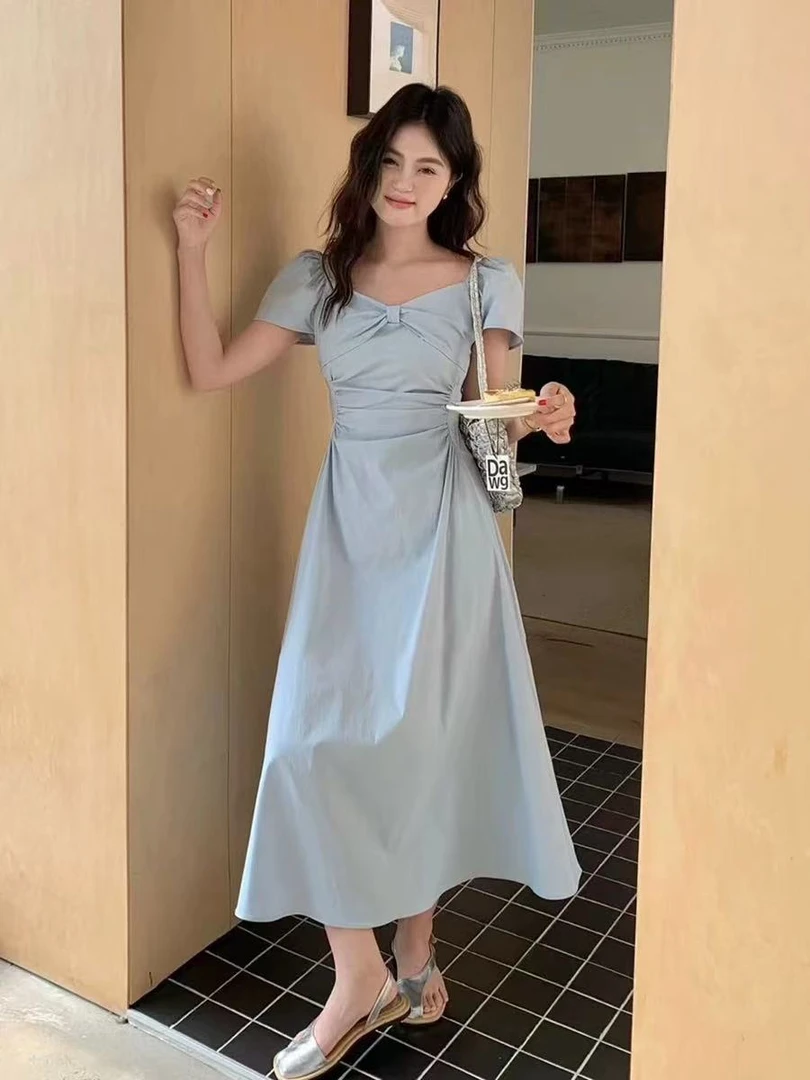修身收腰显瘦通勤连衣裙法式方领大码包臀高腰小个子a字长裙