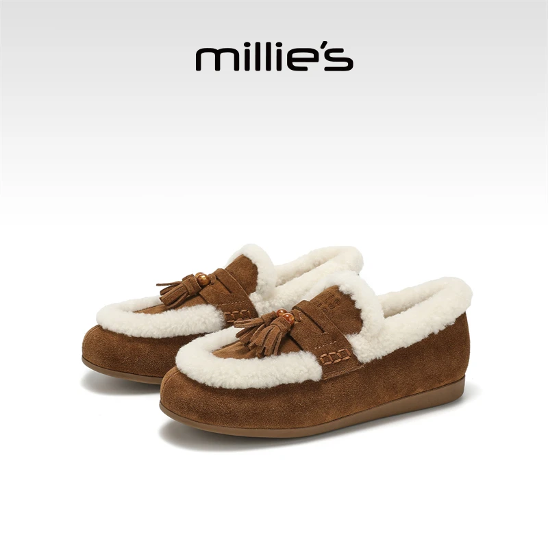 妙丽女鞋2025年冬季新款时尚百搭加绒乐福鞋保暖毛毛鞋豆豆鞋