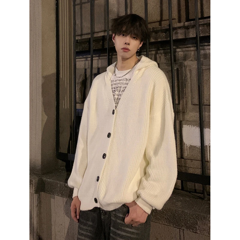 米白色V领开衫毛衣男春秋季美式慵懒风针织连帽卫衣cleanfit外套
