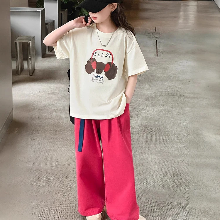 女童夏装套装新款儿童韩版卡通印花短袖T恤女孩宽松休闲裤两件套