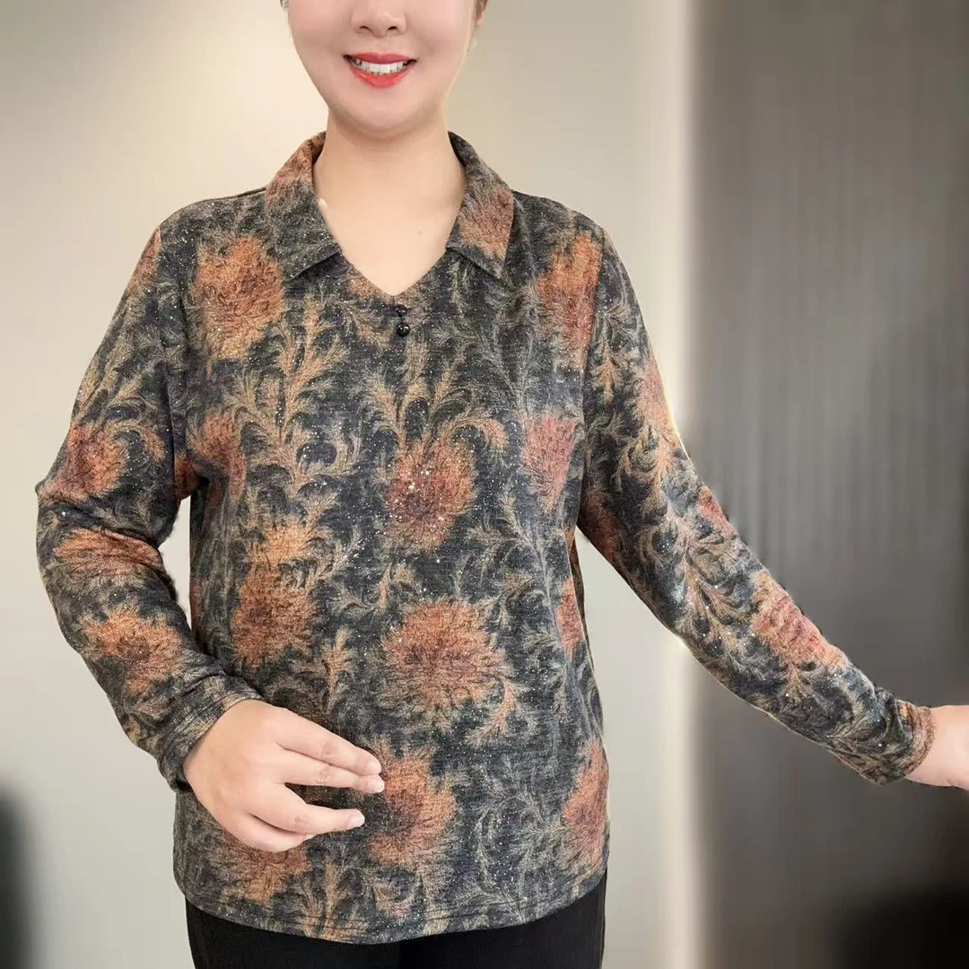 秋季新款长袖翻领减龄洋气宽松显瘦时尚妈妈装女士百搭休闲上衣