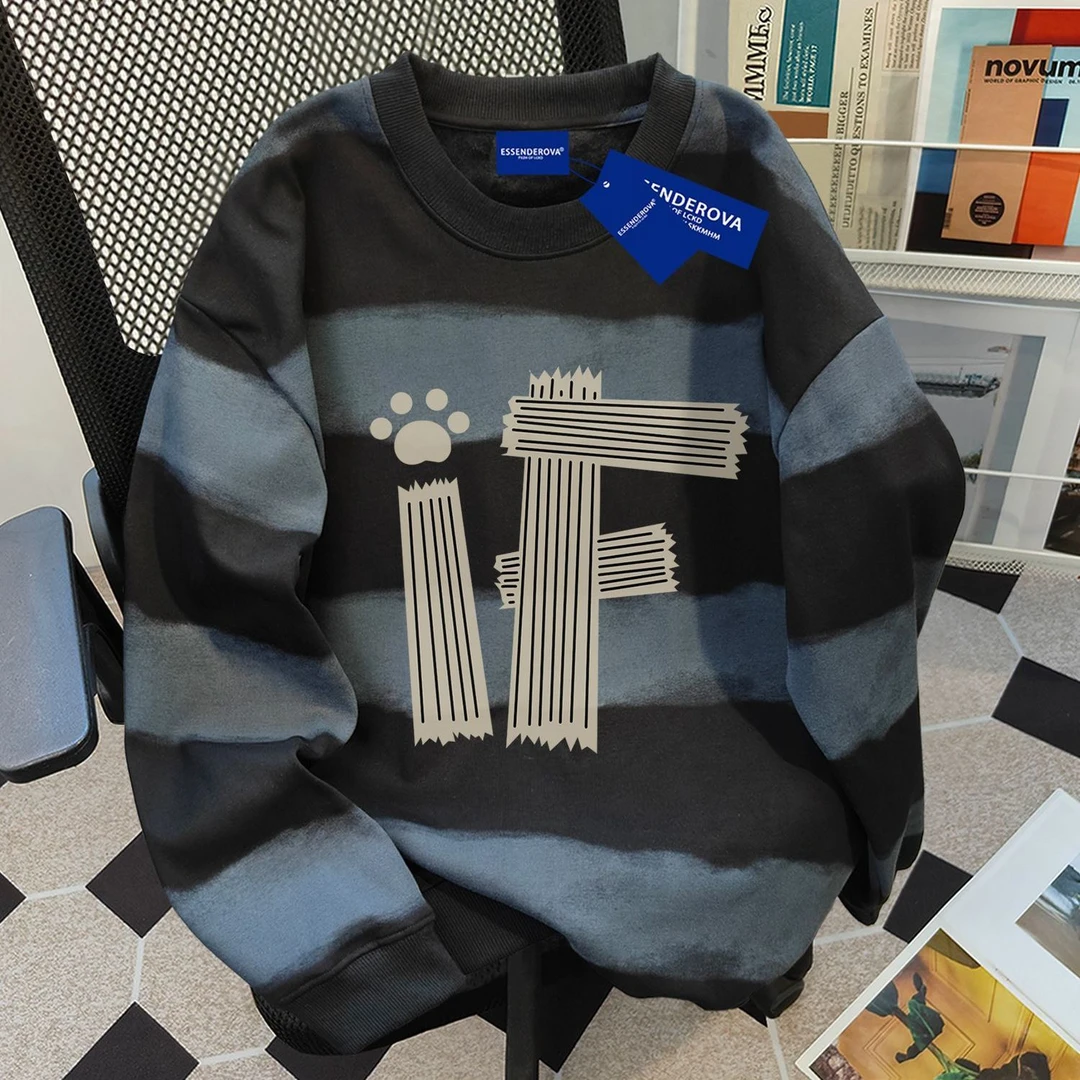 复古百搭男女秋冬季扎染横条宽松显瘦爆款圆领卫衣加绒加厚上衣