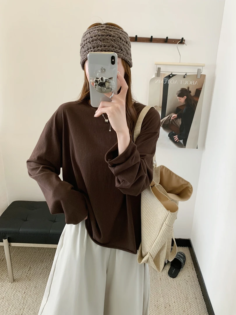 亚麻棉百搭纯色后领贝壳圆领卷边打底927
