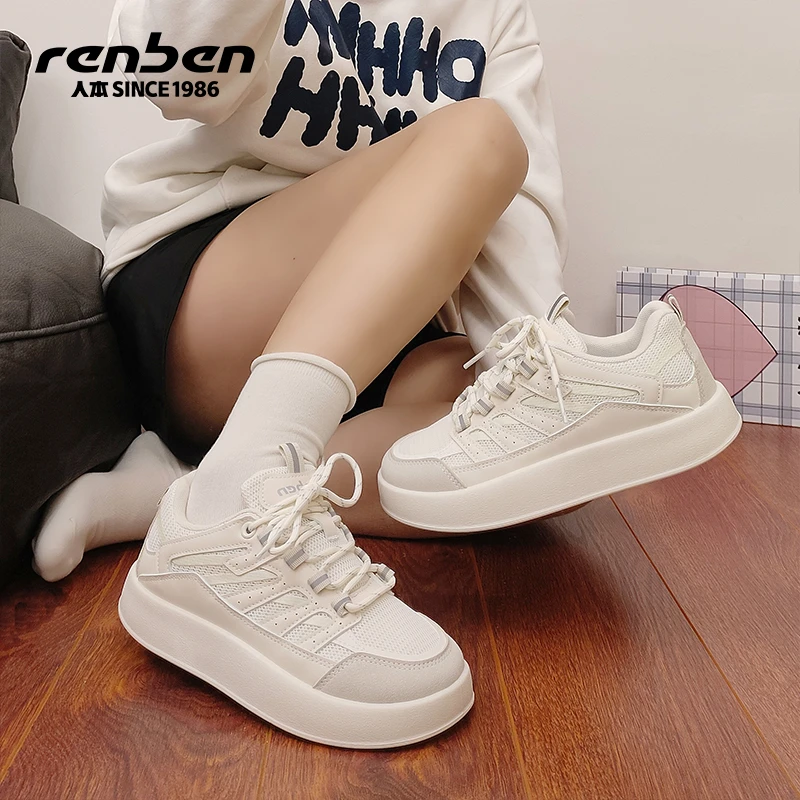 人本官方旗舰店2025新款运动百搭小白鞋爆款女款学生潮鞋厚底女鞋