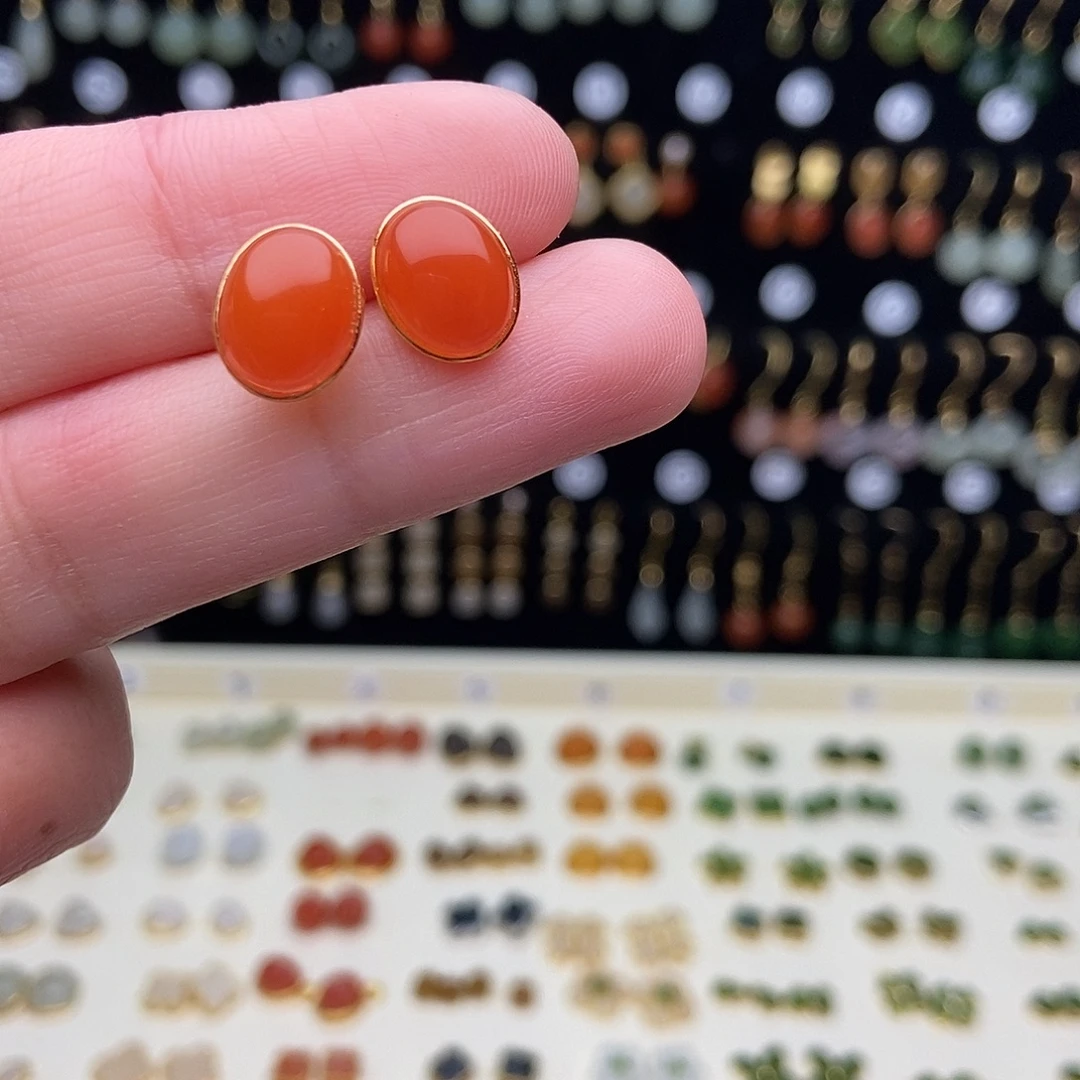 和田玉银S925镀金镶嵌耳饰