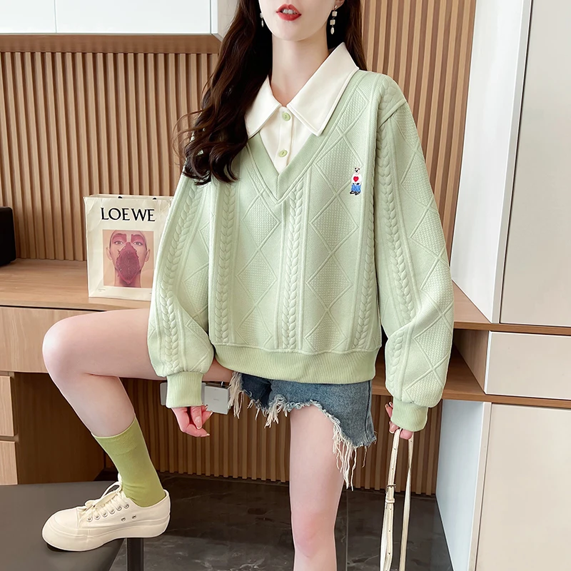 早秋翻领polo衫卫衣女春秋宽松大码洋气薄款小个子假两件上衣外套