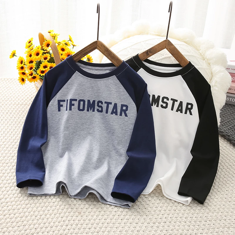 儿童春季休闲字母印花拼接打底衫男童中大童长袖T恤24345